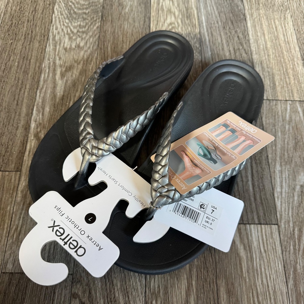 Aetrex Vicki Orthotic Flip Flops Women 7 Pewter Gloss Braided Sandals ST3506W07